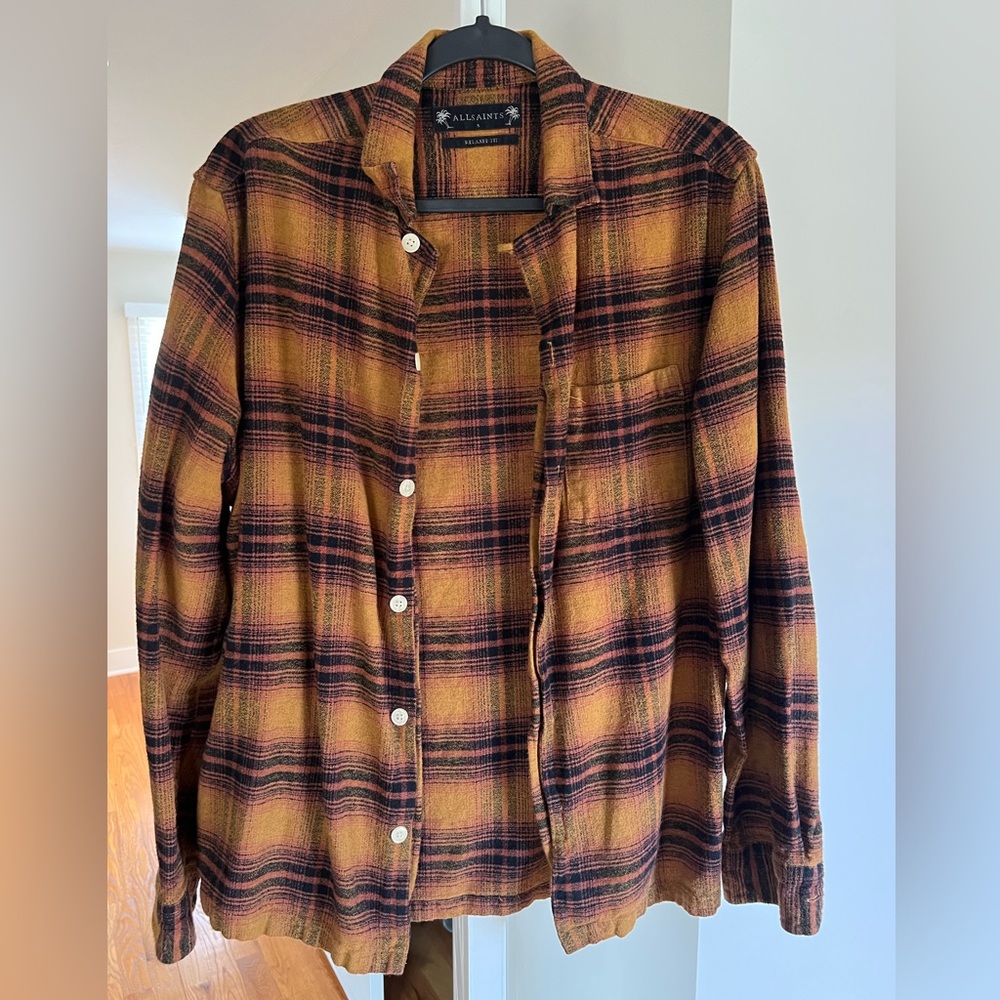 AllSaints Brown / Orange plaid flannel size small relaxed fit